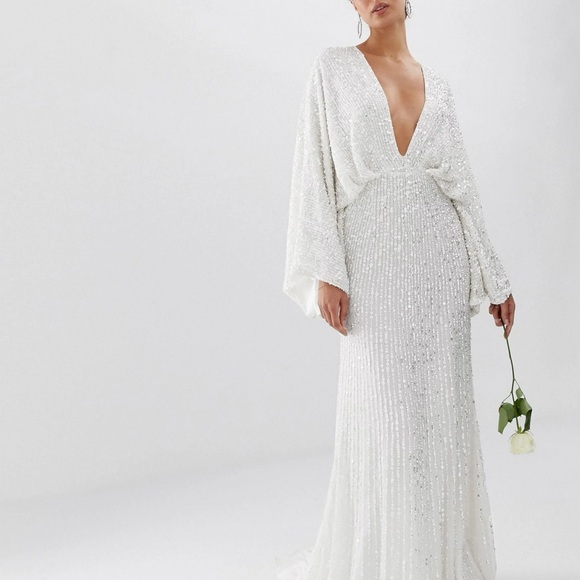 ASOS Ciara White sequin kimono sleeve Wedding Dress - Picture 12 of 12